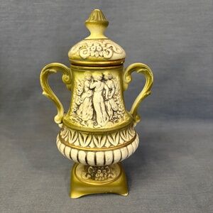 Italian Capodimonte Porcelain Bisque Urn Cherubs Handles Lid Green Gold Vintage